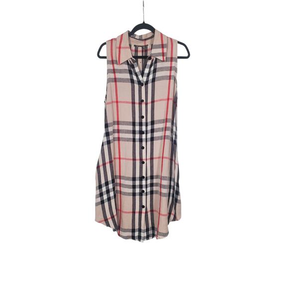 Beige Black RedCheck Dress Sz 4/6 Sz S sleevless w/pockets linen rayon buttons - Picture 1 of 8